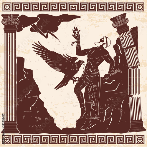 Ancient Greek god Prometheus with a fire in his hand on a beige background with the effect of aging.