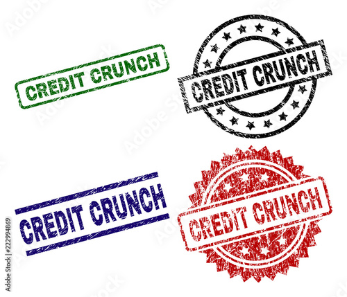 CREDIT CRUNCH seal imprints with corroded style. Black, green,red,blue vector rubber prints of CREDIT CRUNCH label with grunge style. Rubber seals with circle, rectangle, medallion shapes.