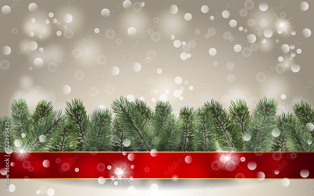 Christmas background. Banner with detailed christmas tree and red ribbon.  Realistic fir tree border. Vector New Year design for christmas cards,  banners, flyers, party posters, headers. Stock-Vektorgrafik | Adobe Stock