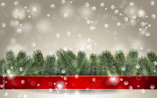 Christmas background. Banner with detailed christmas tree and red ribbon. Realistic fir tree border. Vector New Year design for christmas cards, banners, flyers, party posters, headers.