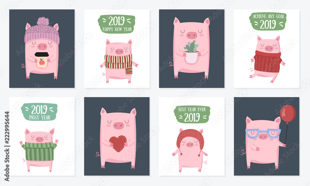 Creative postcard collection. New 2019 Year with cute pigs. Creative postcard collection. New 2019 Year with cute pigs.