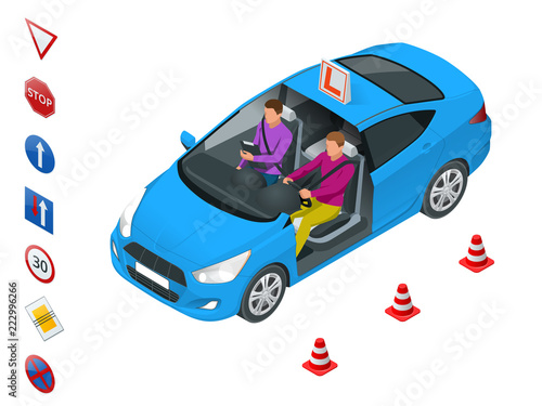 Design concept driving school or learning to drive. Flat vector isometric illustration