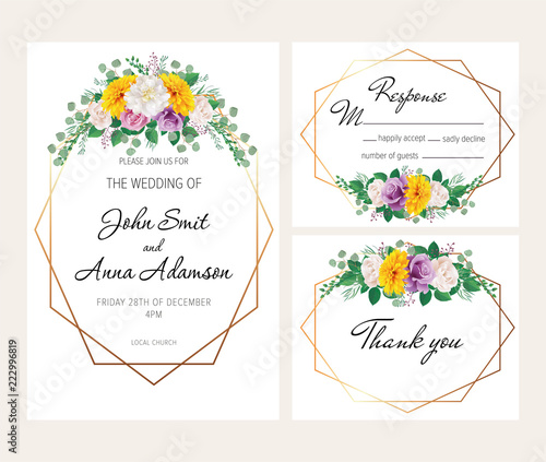 Beautiful geometric wedding invitation set with chrysanthemum, roses and white peony. This wedding invitation template set includes four templates: invitation card, rsvp card and thank you card.