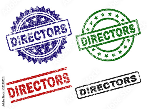 DIRECTORS seal imprints with corroded texture. Black, green,red,blue vector rubber prints of DIRECTORS title with corroded texture. Rubber seals with round, rectangle, medal shapes.