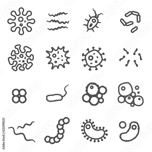 Set of Bacteria Vector Line Icons. Virus, Colony of Bacteria, Petri Dish, Disease, germ, microbe and more.