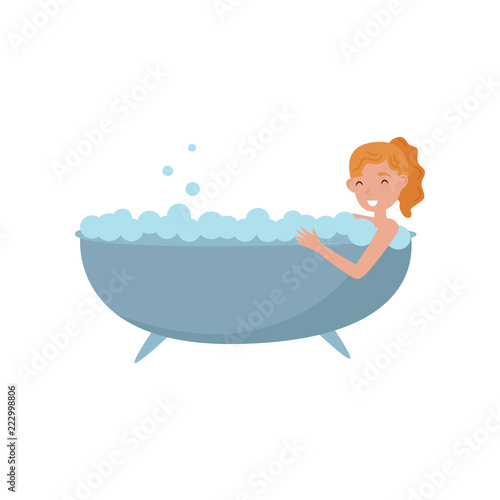 Young woman taking bath in bubble bathtub, beauty treatment, young woman taking care of herself vector Illustration on a white background