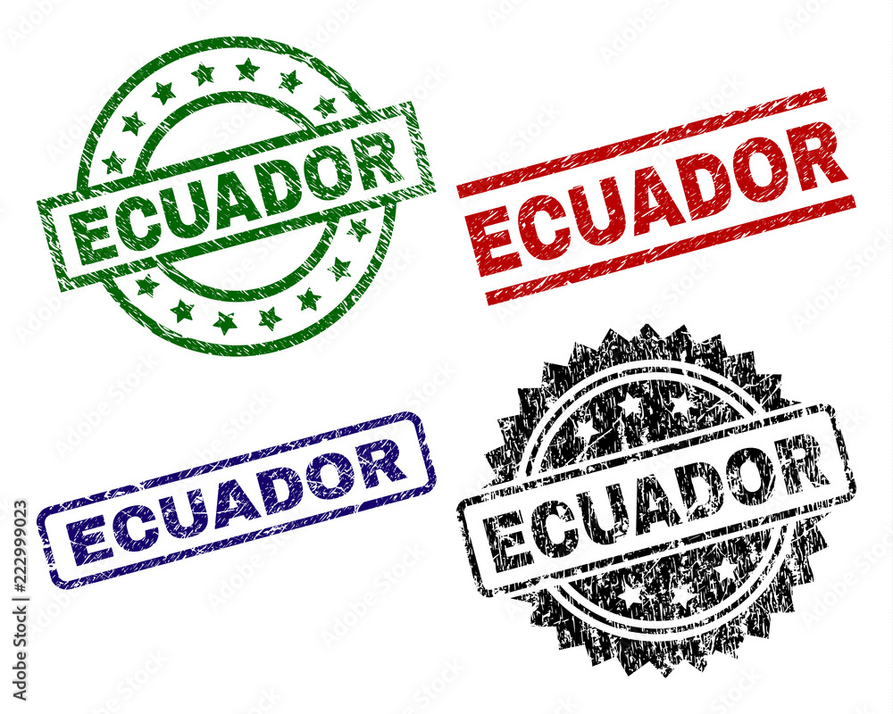 ECUADOR seal prints with damaged texture. Black, green,red,blue vector rubber prints of ECUADOR title with corroded texture. Rubber seals with circle, rectangle, rosette shapes. ECUADOR seal prints with damaged texture. Black, green,red,blue vector rubber prints of ECUADOR title with corroded texture. Rubber seals with circle, rectangle, rosette shapes.