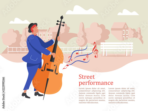 Street musician. Man playing the double bass. Street performance. Vector illustration.