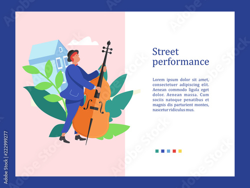Street musician. Man playing the double bass. Street performance. Vector illustration.