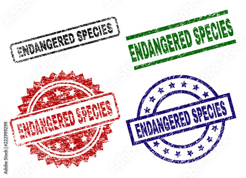 ENDANGERED SPECIES seal prints with distress surface. Black, green,red,blue vector rubber prints of ENDANGERED SPECIES caption with retro surface. Rubber seals with circle, rectangle, rosette shapes.