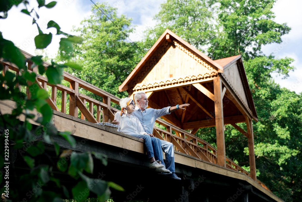 Sitting on bridge. Peaceful pensioner sitting on the wooden bridge with his aged wife and pointing to the distance Sitting on bridge. Peaceful pensioner sitting on the wooden bridge with his aged wife and pointing to the distance