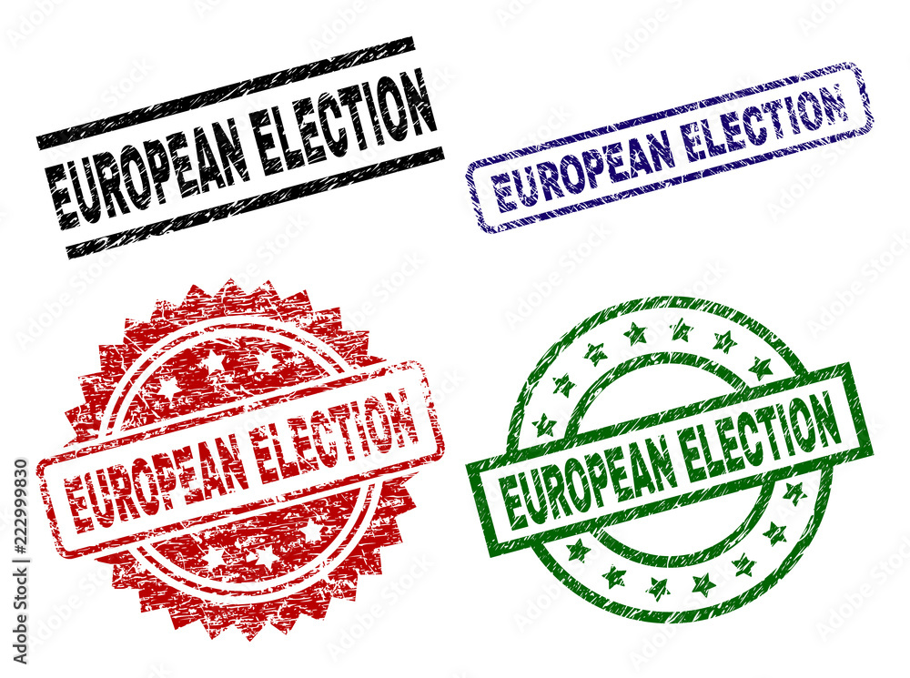 EUROPEAN ELECTION seal prints with distress texture. Black, green,red,blue vector rubber prints of EUROPEAN ELECTION text with corroded texture. Rubber seals with round, rectangle, medal shapes. EUROPEAN ELECTION seal prints with distress texture. Black, green,red,blue vector rubber prints of EUROPEAN ELECTION text with corroded texture. Rubber seals with round, rectangle, medal shapes.