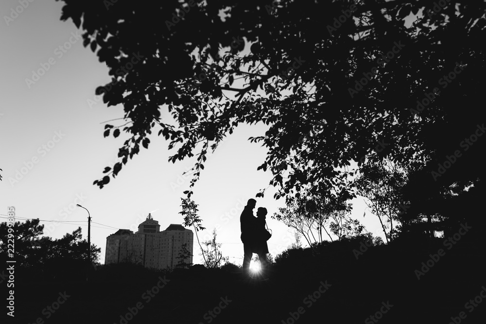 Silhouettes of young couple woman, man hugging embracing and looking at each other in park outdoors on city buildings background on sunset. Love relationship family lifestyle. Black and white photo. Silhouettes of young couple woman, man hugging embracing and looking at each other in park outdoors on city buildings background on sunset. Love relationship family lifestyle. Black and white photo.