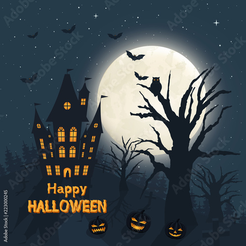 Night landscape - castle, trees, pumpkins, cemetery crosses, bats.
