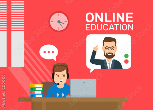 online education boy studying at home with laptop
