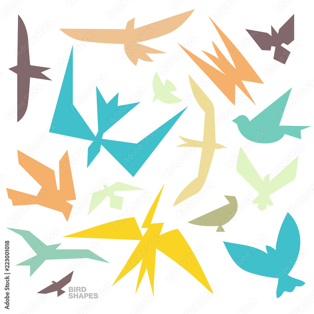 Fototapeta premium Collection of bird shapes in flat line art stylistics. Decoration vector elements for greeting cards, postcards, wedding invitations