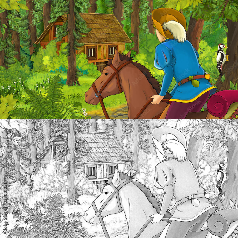Obraz premium cartoon scene with woman princess in the forest near hidden wooden house - with artistic coloring page - illustration for children