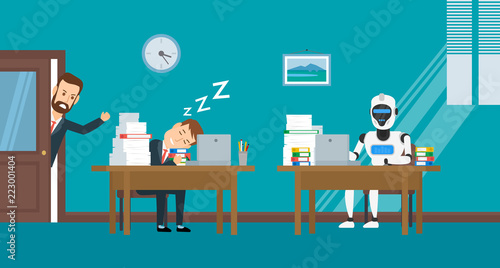 businessman sleeping at workplace and robot humanoid working in office