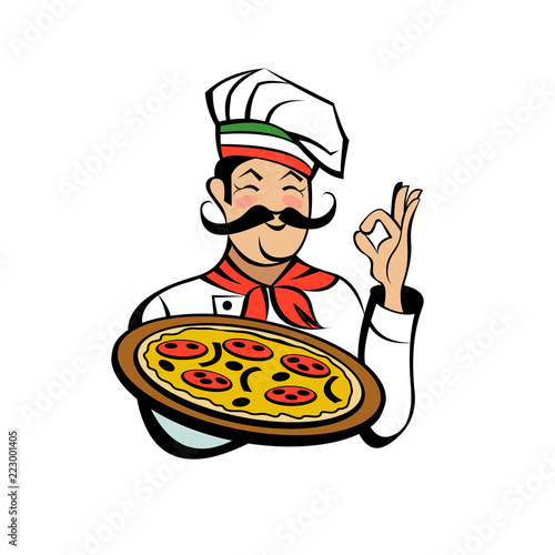 Italian chef holding a delicious pizza. Vector emblem.