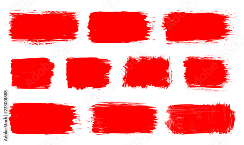 Red paint spot set. Vector red paint, ink vector brush splash, brush, stroke, spot, frame or texture collection. Grunge paintbrushes, backgrounds, ink boxes. Banner, shape, label, sticker and badge.  photo