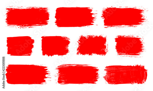 Red paint spot set. Vector red paint, ink vector brush splash, brush, stroke, spot, frame or texture collection. Grunge paintbrushes, backgrounds, ink boxes. Banner, shape, label, sticker and badge. 