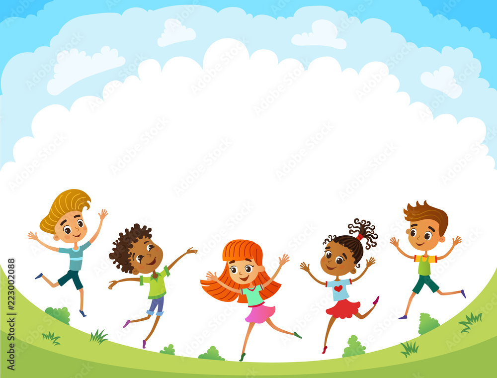 children are jumping on the glade, bunner cartoon funny vector, illustrator