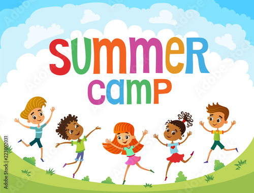 children are jumping on the glade, bunner cartoon funny vector, illustrator
