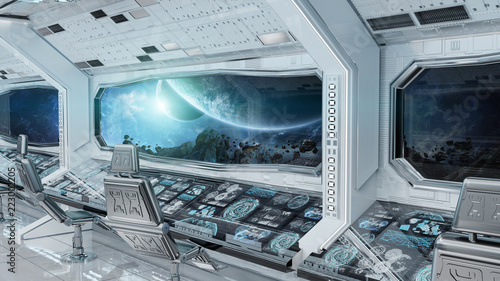 Fototapeta Naklejka Na Ścianę i Meble -  White clean spaceship interior with view on planet Earth 3D rendering