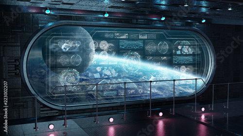 Fototapeta Naklejka Na Ścianę i Meble -  Dark spaceship interior with control panel digital screens 3D rendering