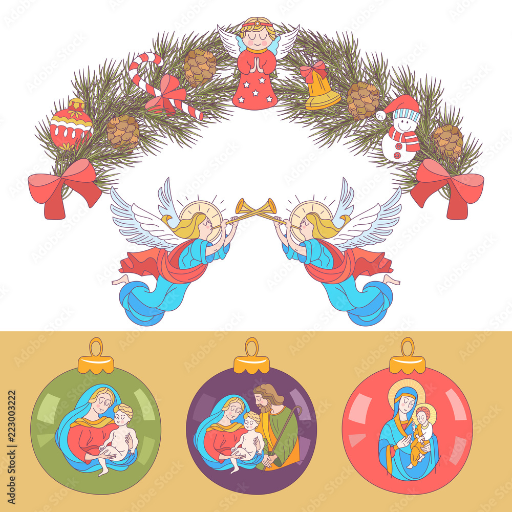 Obraz premium merry Christmas. Vector greeting card. Wreath of Christmas trees decorated with Christmas toys.
