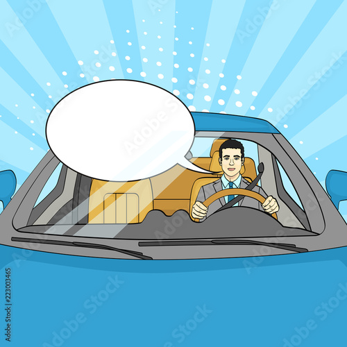 Successful Businessman in Luxury Car. Man Driving a Cabriolet. Pop Art. Vector text bubble