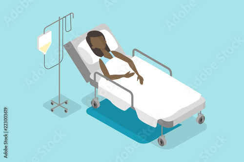 Woman lying in hospital bed. Healthcare and treatment.