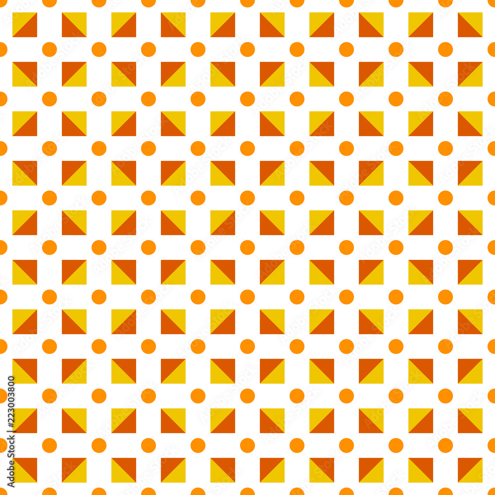 Seamless pattern made polka dots in shades of orange and red; triangles in square shape on white background Seamless pattern made polka dots in shades of orange and red; triangles in square shape on white background