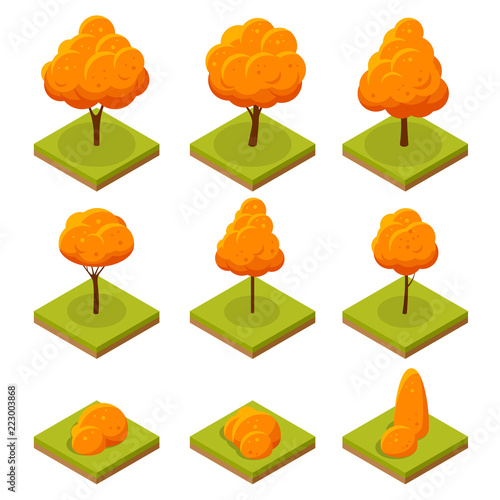 Isometric colorful autumn trees set. Yellow orange fall tree and autumnal garden flat illustration. For infographics, game, and design