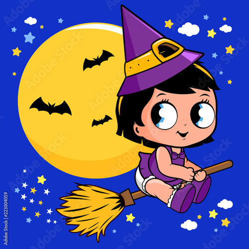 Cute Halloween witch flying with a magic broom in the night sky. Vector illustration