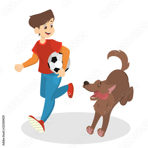 Boy running with his dog and holding ball