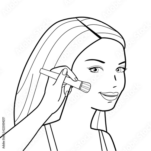 A beautiful young woman putting blush on her cheeks. Vector black and white coloring page.