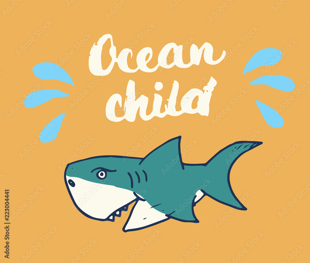 Obraz premium Cute Shark hand drawn sketch, T-shirt print design vector illustration
