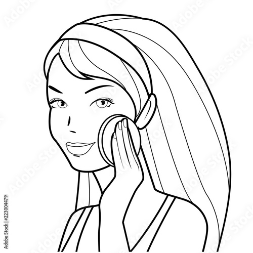 A beautiful woman removes her make up with a cotton pad. Vector black and white coloring page.