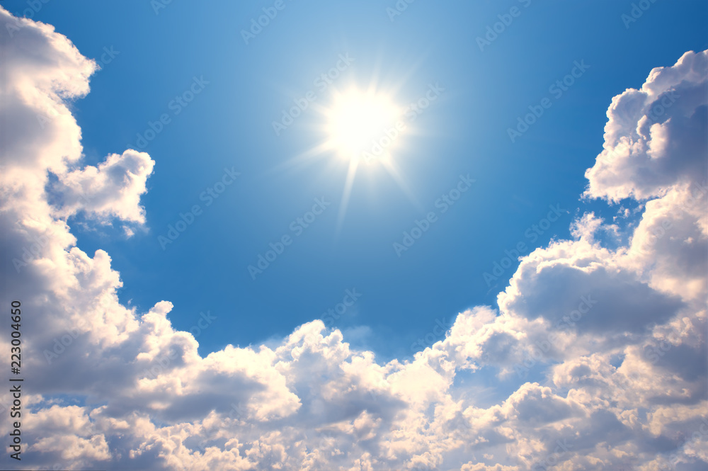 blue sky with clouds and sun reflection The sun shines bright in the blue sky with clouds and sun reflection The sun shines bright in the