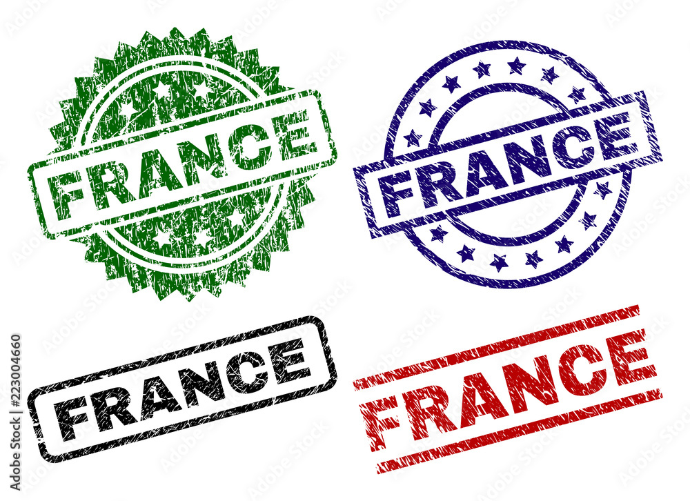FRANCE seal prints with damaged texture. Black, green,red,blue vector rubber prints of FRANCE text with dirty texture. Rubber seals with circle, rectangle, rosette shapes. FRANCE seal prints with damaged texture. Black, green,red,blue vector rubber prints of FRANCE text with dirty texture. Rubber seals with circle, rectangle, rosette shapes.