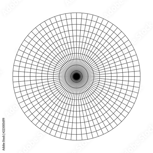 Polar grid of 10 concentric circles and 5 degrees steps. Blank vector polar graph paper.