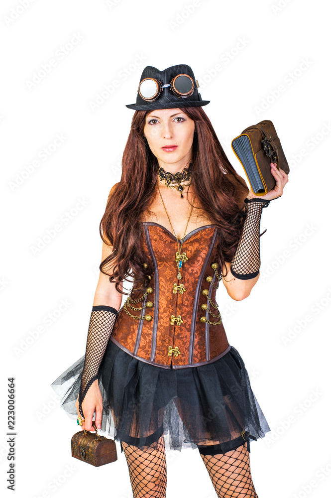 Sexy steampunk girl wearing costume on white Stock Photo | Adobe Stock