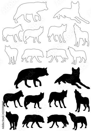 vector isolated silhouette wolf on white background  set