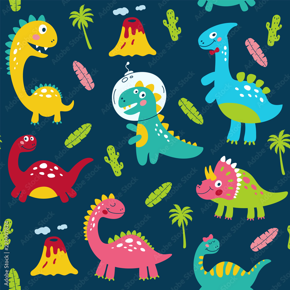 Seamless pattern with cute dinosaurs for children print. Vector illustration