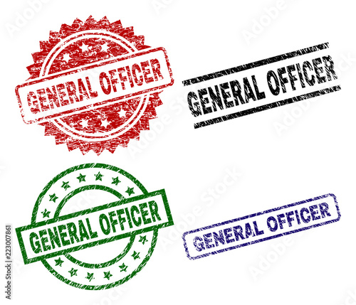 GENERAL OFFICER seal prints with damaged style. Black, green,red,blue vector rubber prints of GENERAL OFFICER text with scratched style. Rubber seals with circle, rectangle, medal shapes.