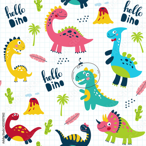 Fototapeta Naklejka Na Ścianę i Meble -  Seamless pattern with cute dinosaurs for children print. Vector illustration