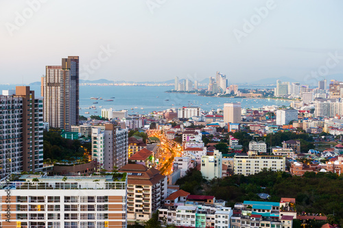 Pattaya cityscape from aerial view. Resort city in Thailand. Asian architecture.