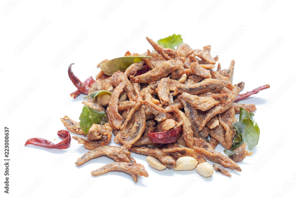 Obraz premium Crispy deep fried small fish on white background