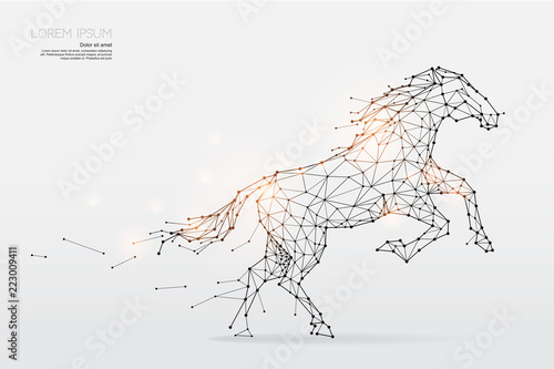 The particles, geometric art, line and dot of horse running